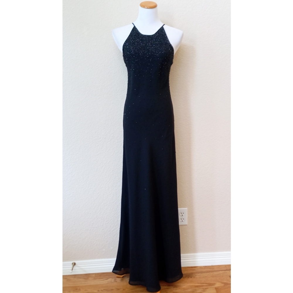 Chelsea Nites vintage 1990s black beaded detail halter neck gown